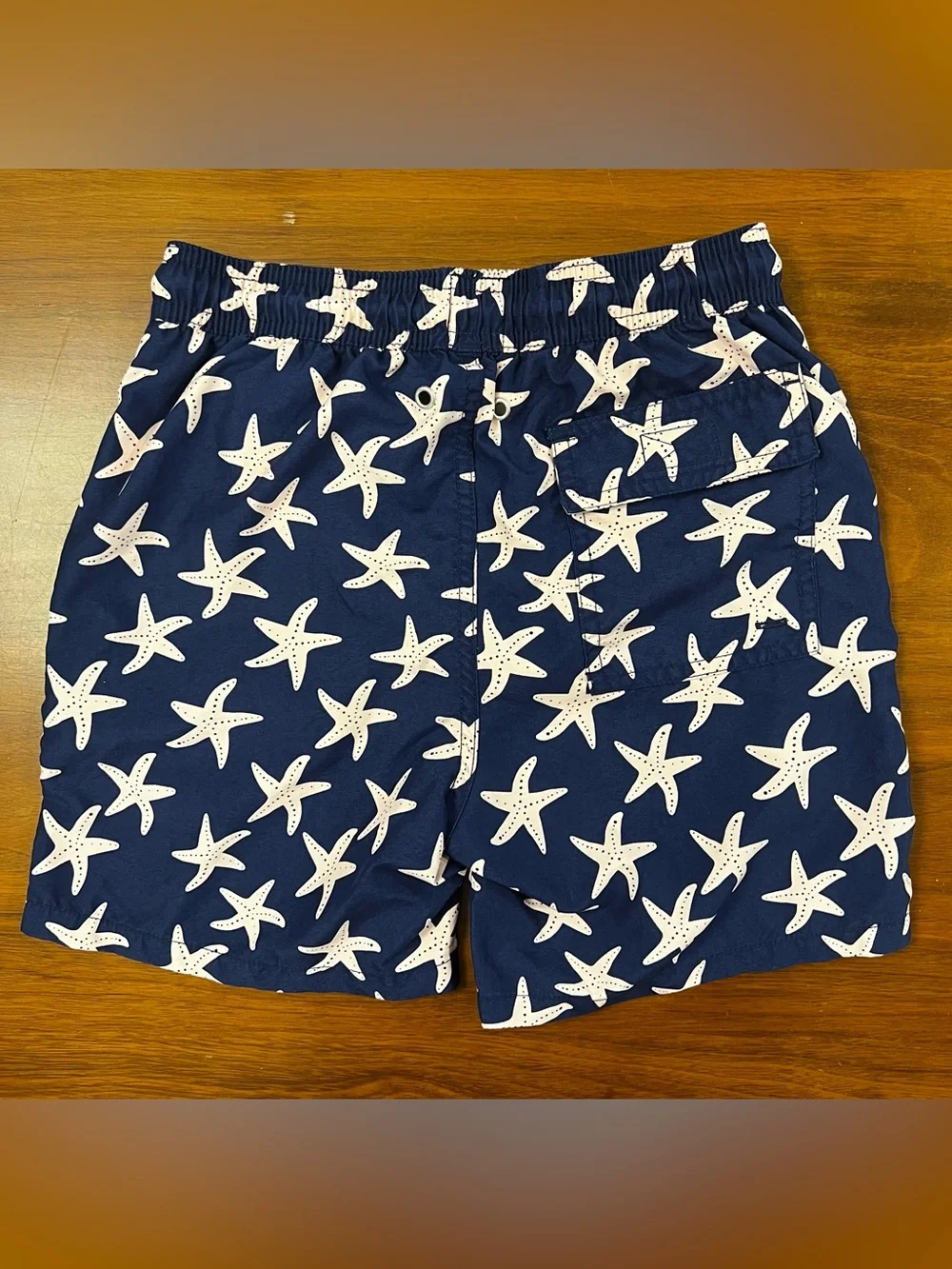 Tom & Teddy Boys Swim Trunks Size 7/8 Navy Blue Light Pink Starfish Mesh Lining